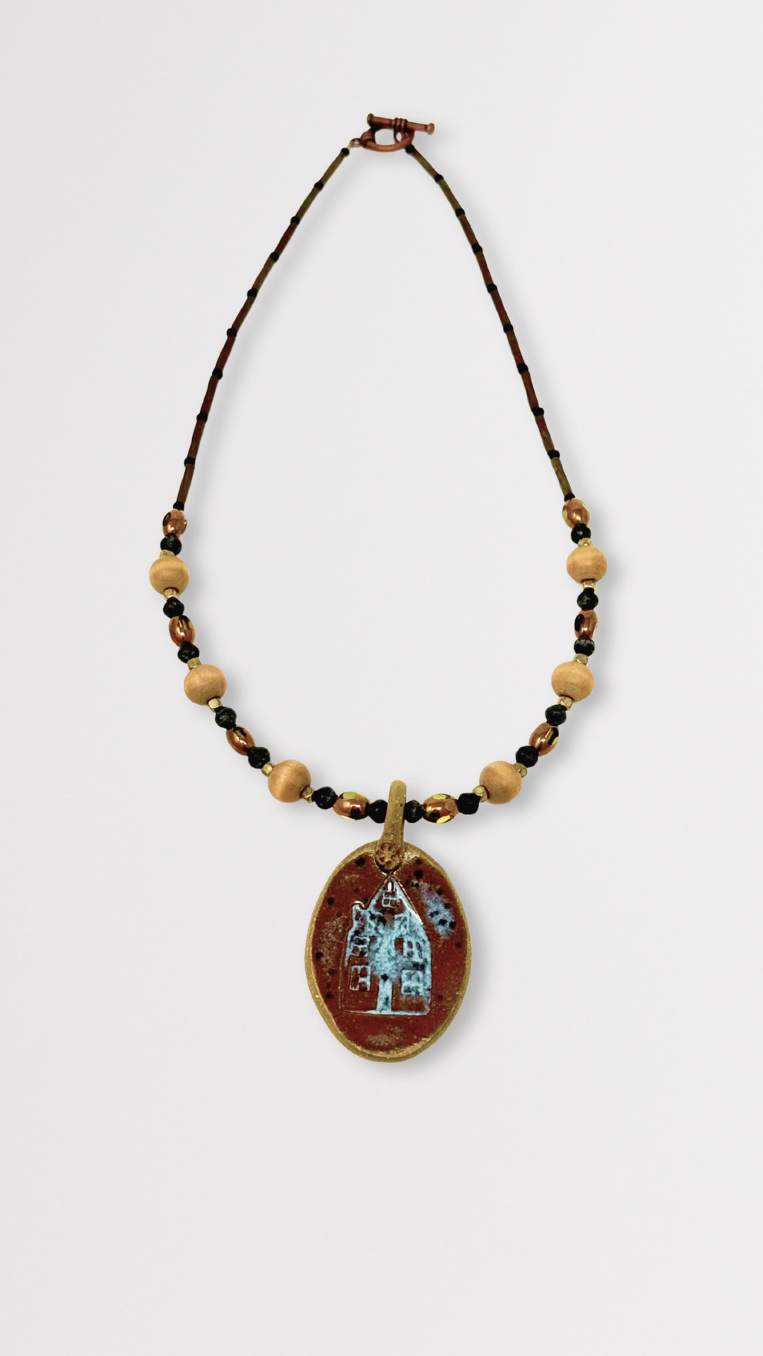 Beaded Necklace with Ceramic House Pendant