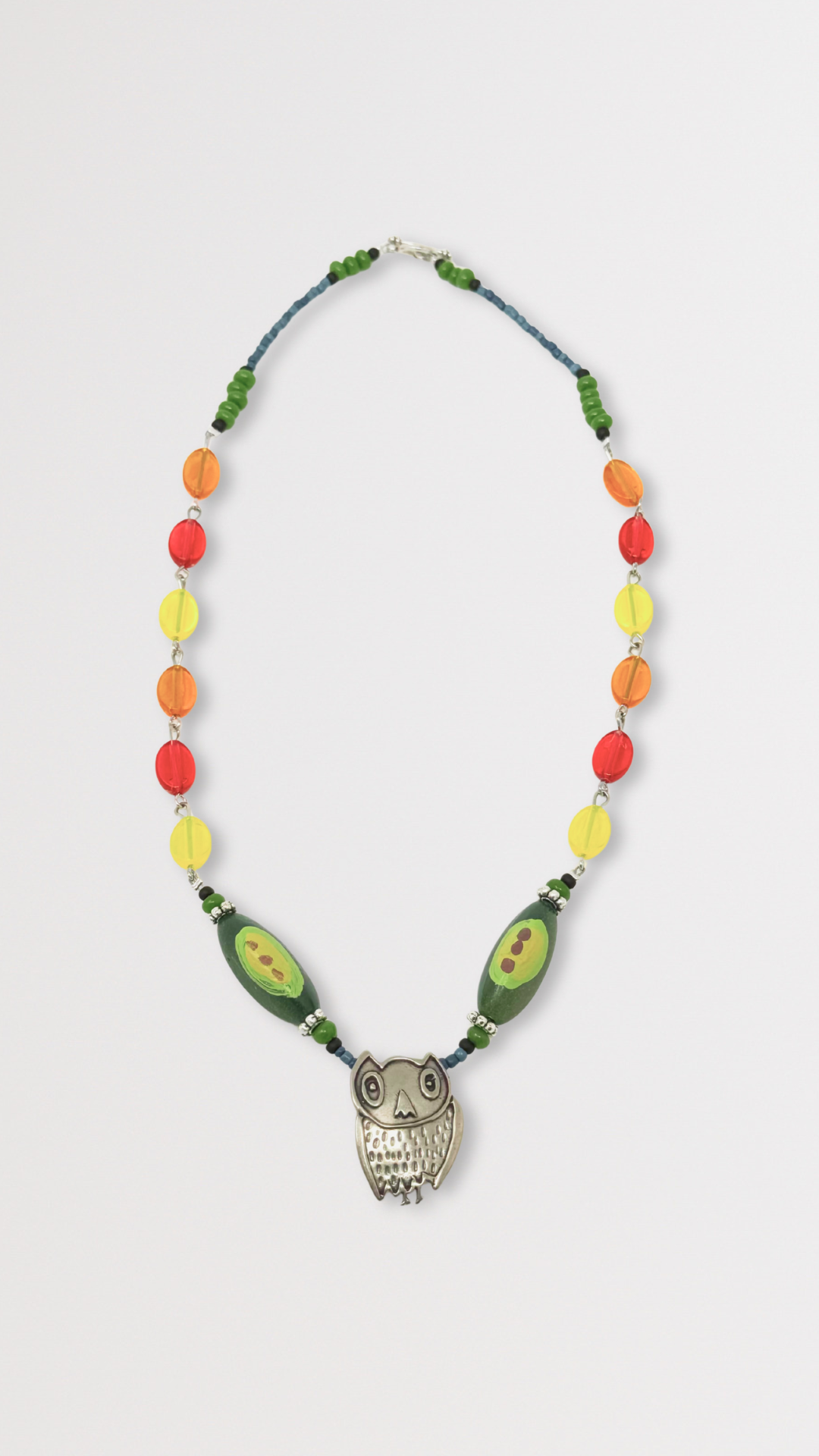 Beaded Bronze Owl Necklace with Pawpaw Beads
