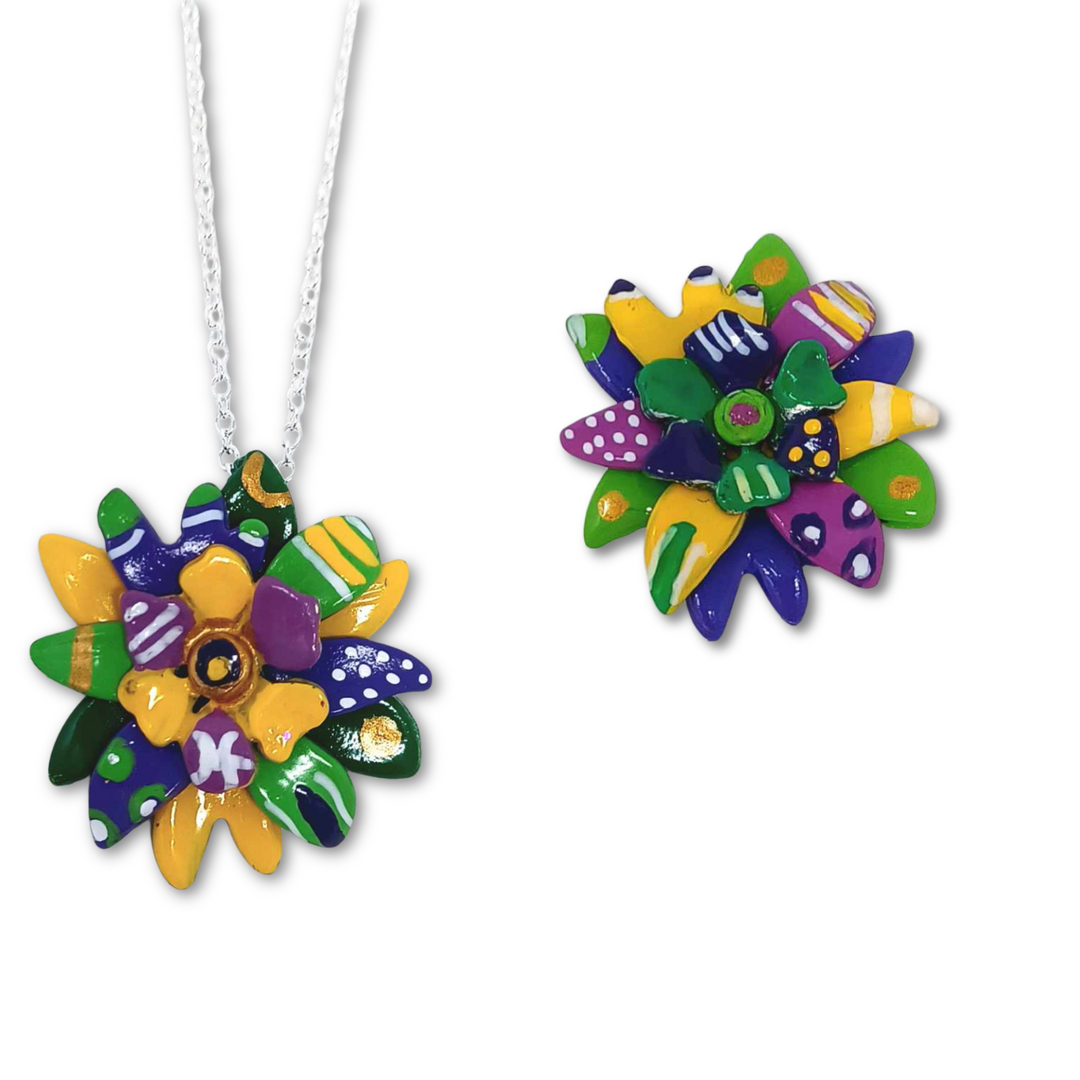 Hand Painted Pewter Mardi Gras Passion Flower Pins and Pendants