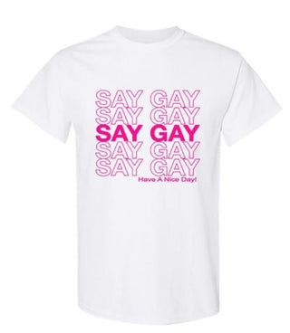 Buy white-and-hot-pink Say Gay T-shirts